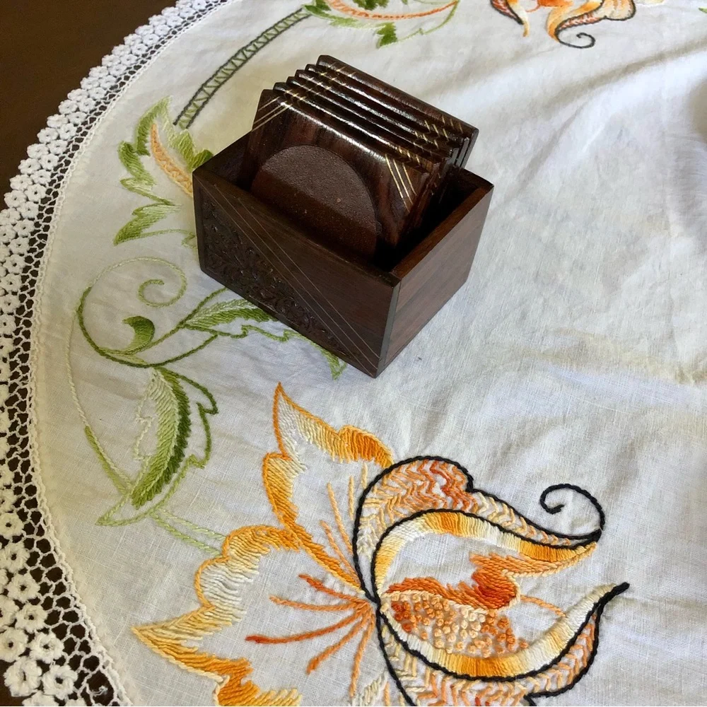 Vintage Rosewood Box with Set of Six Coasters. Brass Inlay and Floral Carving